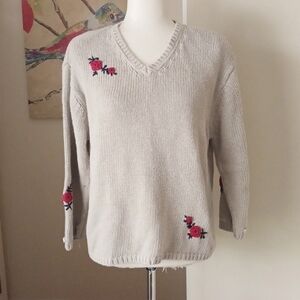 Vintage knitted sweater vneck pullover 3/4 sleeve embroidery beige tan red L